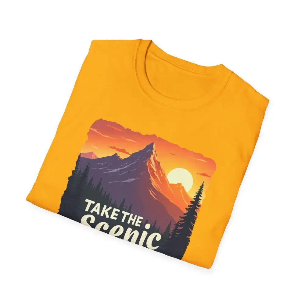 Folded yellow Mountain Graphic Scenic Route T Shirt showcasing a mountain design