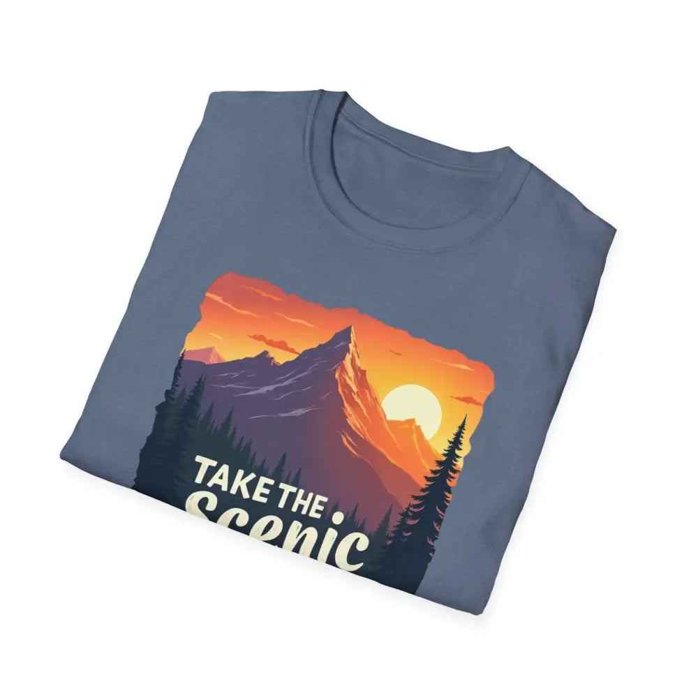 Folded blue t-shirt featuring a mountain graphic from the Mountain Graphic Scenic Route collection
