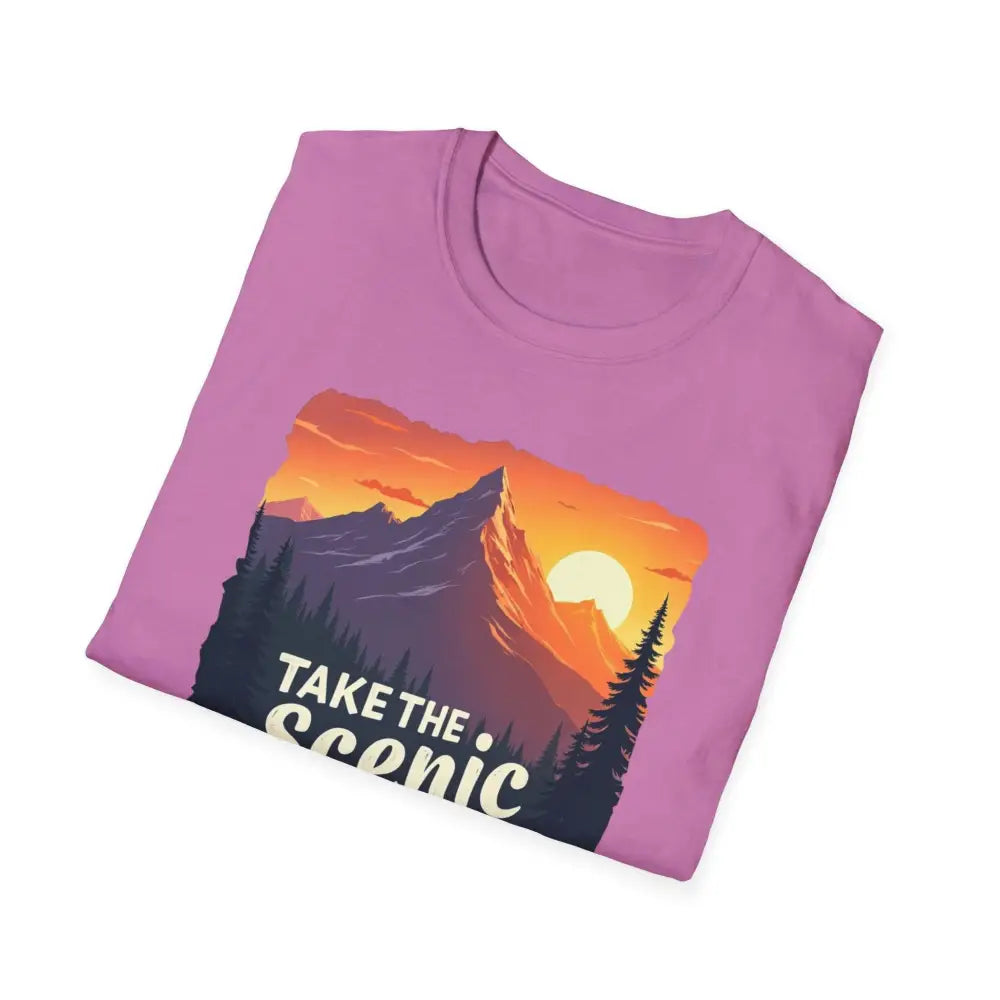 Folded pink t-shirt featuring a mountain graphic from the Mountain Graphic Scenic Route T Shirt