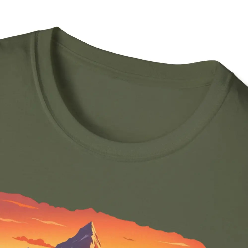 Olive green Mountain Graphic Scenic Route T Shirt for outdoor enthusiasts