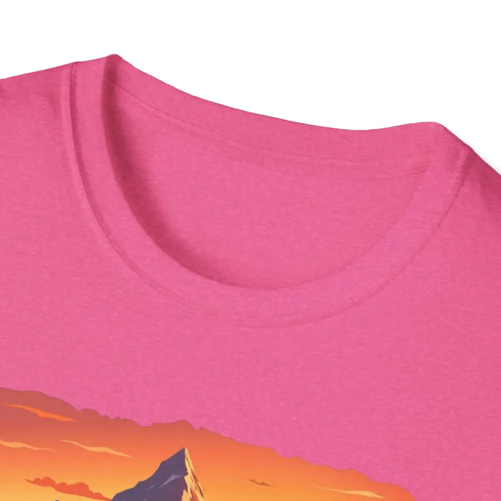 Close-up of the neckline of a Pink Mountain Graphic Scenic Route T Shirt
