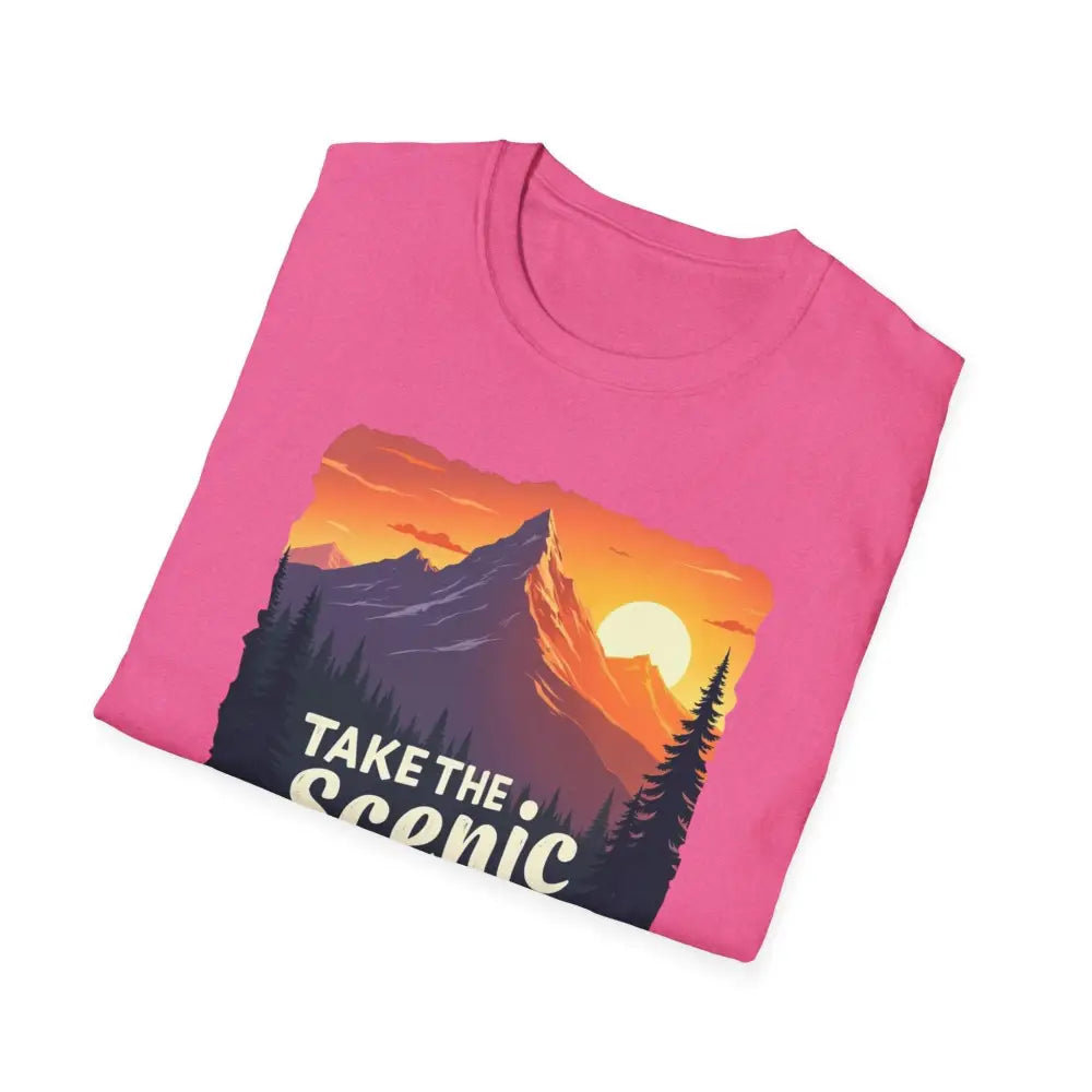 Pink Mountain Graphic Scenic Route T Shirt featuring a vibrant mountain design