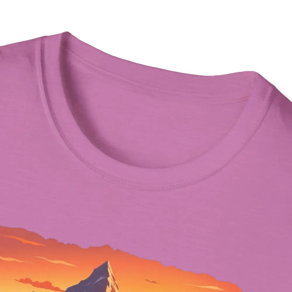 Pink Mountain Graphic Scenic Route T Shirt featuring a mountain design for outdoor enthusiasts