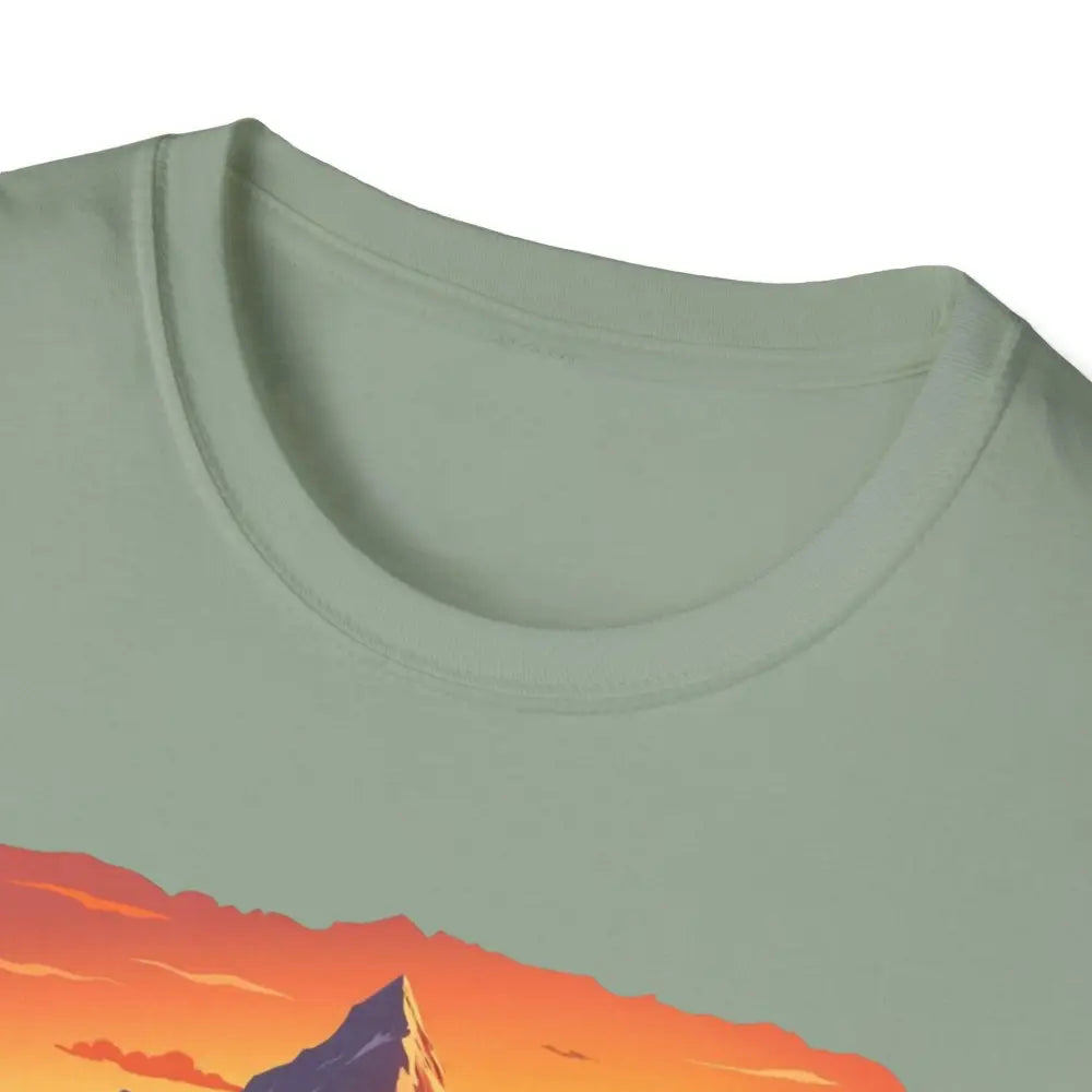 Sage green Mountain Graphic Scenic Route T Shirt displayed on a neutral background