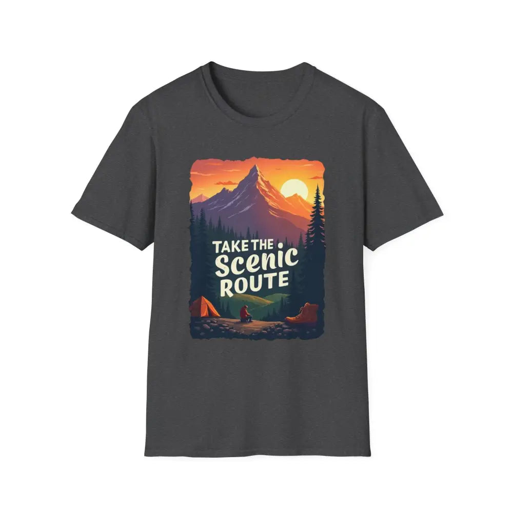 Gray T-shirt featuring a scenic mountain graphic from the Mountain Graphic Scenic Route collection