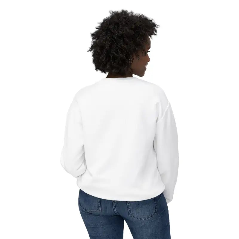 White sweatshirt paired with blue jeans from Narragansett 02882 Unisex Lightweight Crewneck