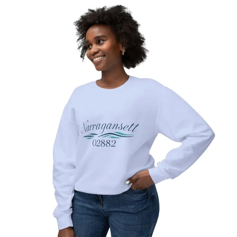 White sweatshirt featuring Narragansett 02882 text, perfect for casual wear