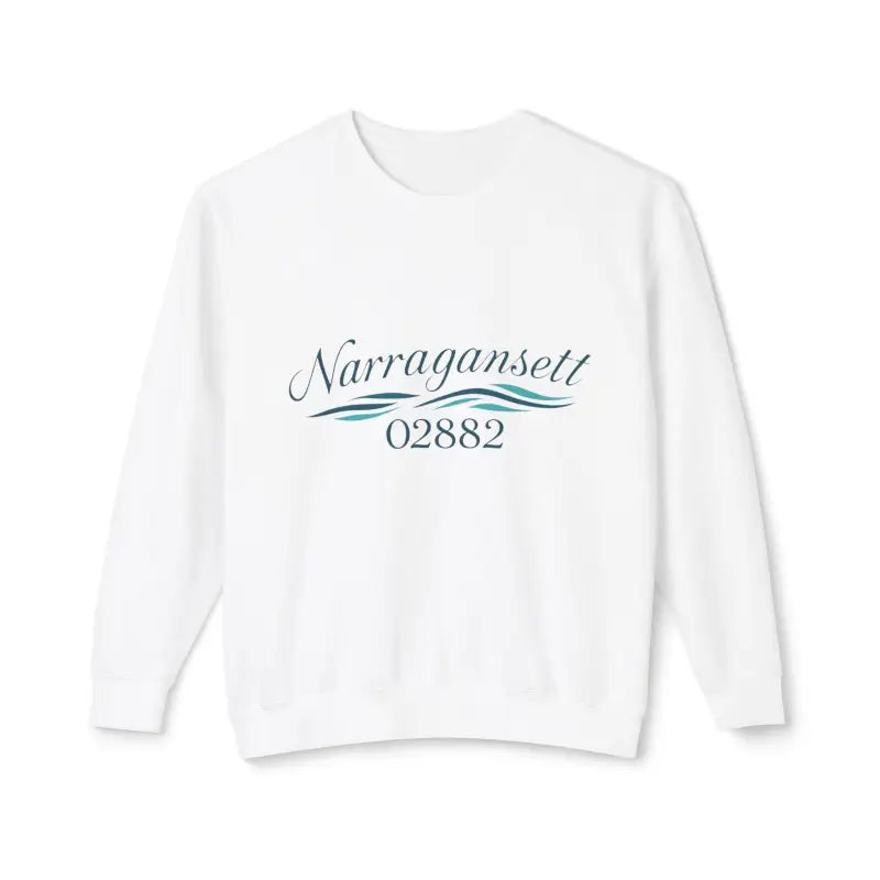 White sweatshirt featuring Narragansett 02882 design for a cozy and stylish look