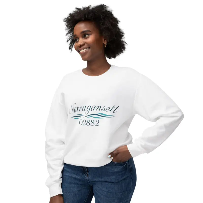White sweatshirt featuring Narragansett and 02882 text, stylish unisex crewneck
