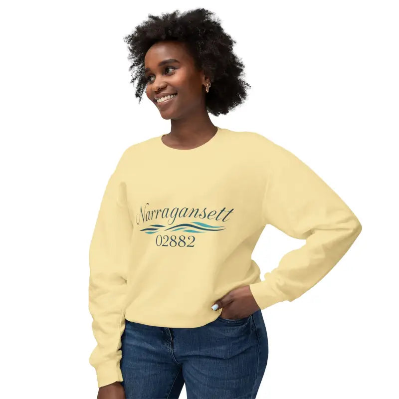 Yellow sweatshirt featuring Narragansett 02882 design for stylish casual wear