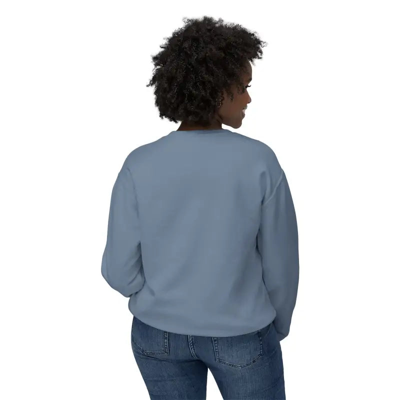 Woman in blue Narragansett 02882 unisex lightweight crewneck sweatshirt and jeans
