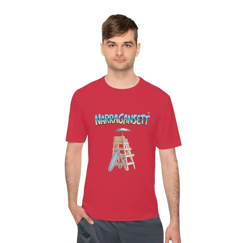 Red t-shirt featuring a lifeguard tower graphic from Narragansett Beach collection