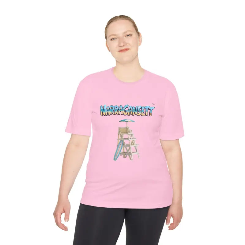 Pink t-shirt featuring a lifeguard chair graphic from Narragansett Beach collection