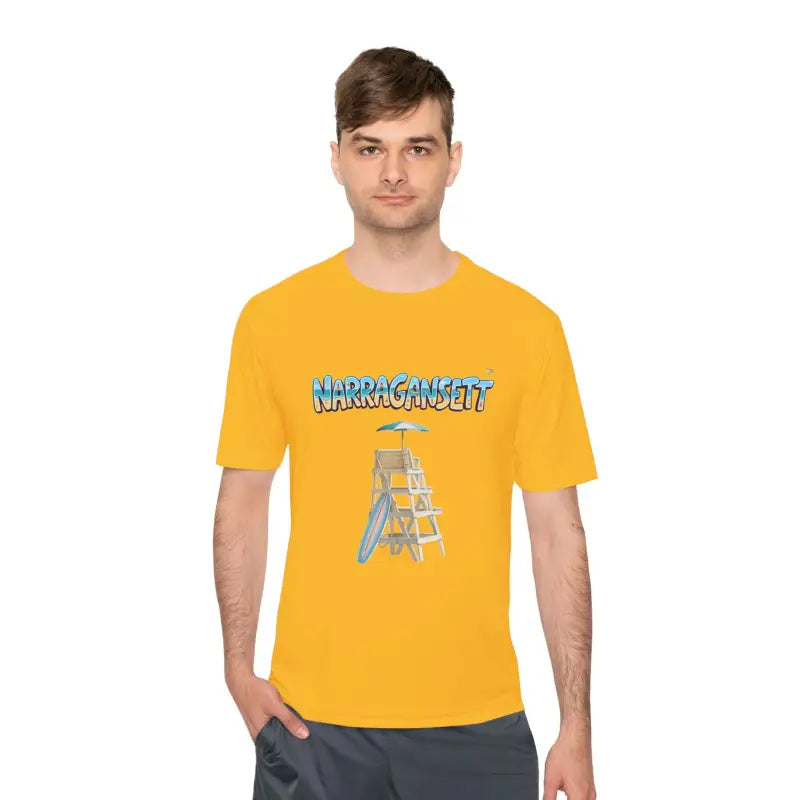 Yellow unisex moisture-wicking t-shirt featuring a Lifeguard Tower graphic from Narragansett Beach