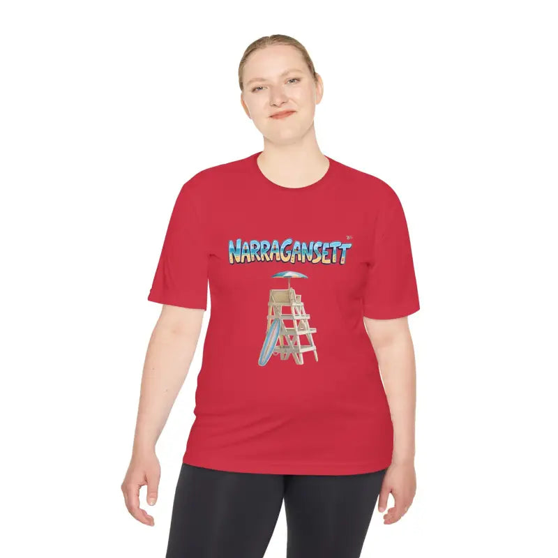 Red Narragansett Beach Lifeguard Moisture Wicking T Shirt featuring beach scene design