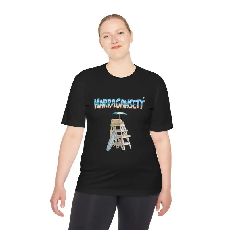 Black moisture-wicking t-shirt featuring a lifeguard chair graphic for Narragansett Beach