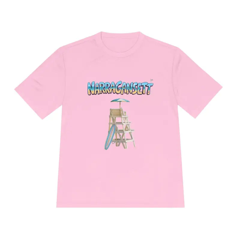 Pink t-shirt featuring a lifeguard tower graphic from Narragansett Beach collection
