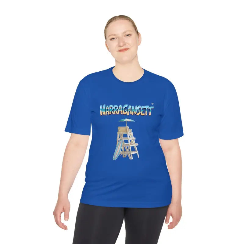 Blue t-shirt from Narragansett Beach Lifeguard Unisex Moisture Wicking Collection