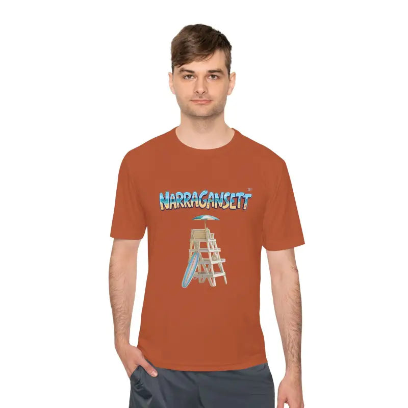 Orange Narragansett Beach Lifeguard Unisex Moisture Wicking T-Shirt with tower graphic