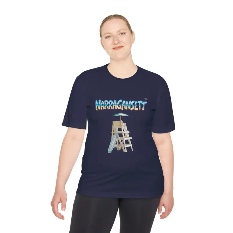 Navy blue Narragansett Beach Lifeguard unisex moisture-wicking t-shirt displayed