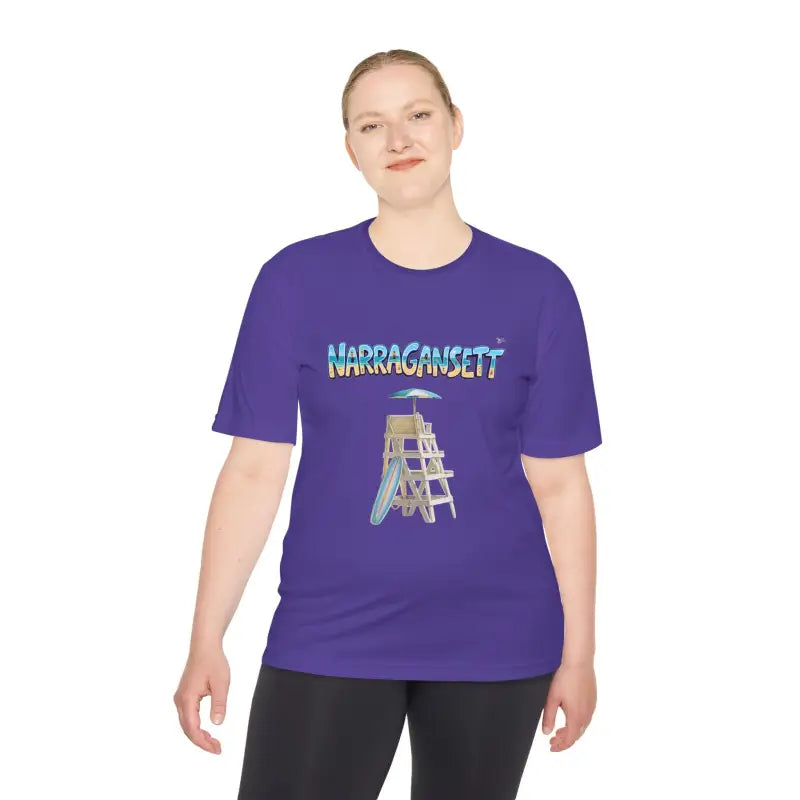 Purple Narragansett Beach Lifeguard Unisex Moisture Wicking T-Shirt with graphic design