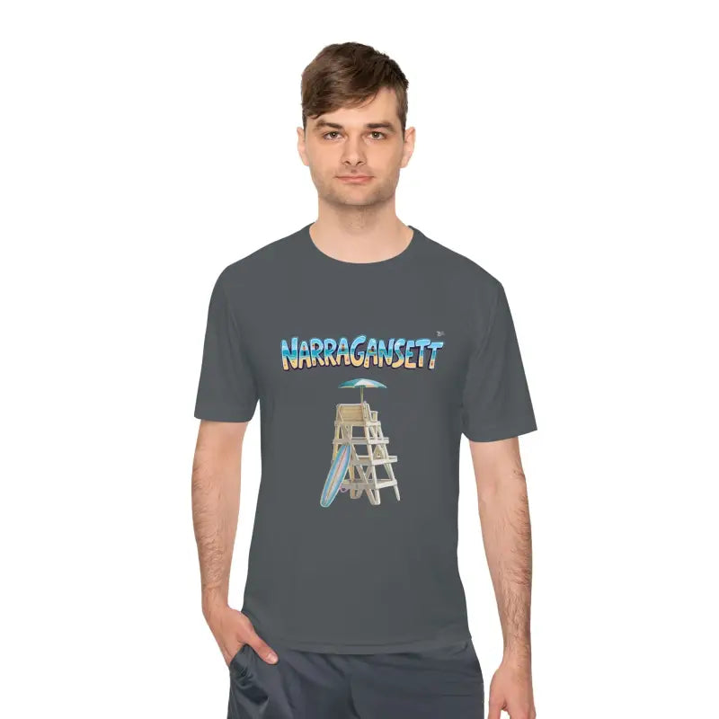 Gray t-shirt featuring lifeguard stand graphic from Narragansett Beach collection