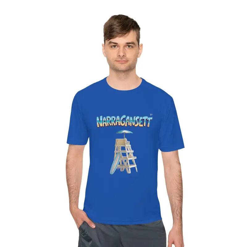 Blue moisture-wicking t-shirt featuring lifeguard chair graphic for Narragansett Beach