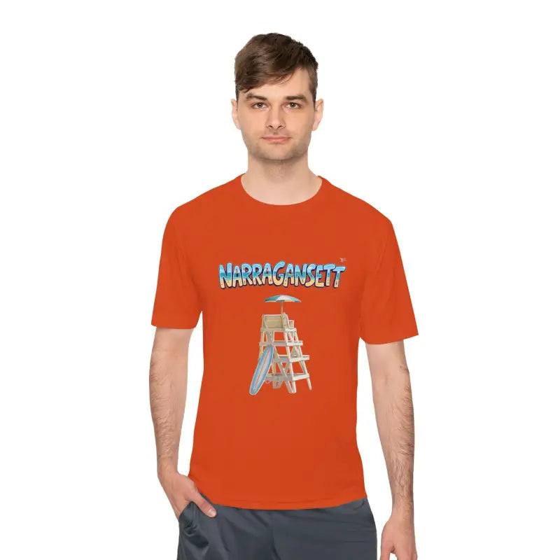 Orange Narragansett Beach Lifeguard Unisex T-Shirt with lifeguard chair graphic