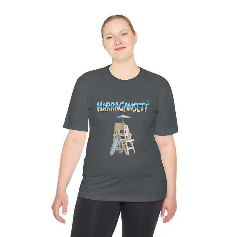 Gray Narragansett Beach Lifeguard Unisex Moisture Wicking T-Shirt for comfortable wear
