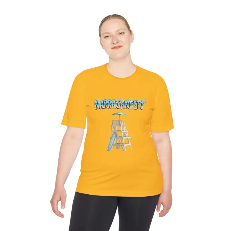 Yellow t-shirt featuring a beach scene from Narragansett Beach Lifeguard collection