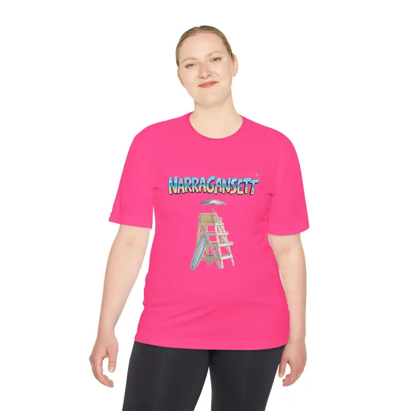 Pink t-shirt featuring lifeguard chair graphic from Narragansett Beach collection