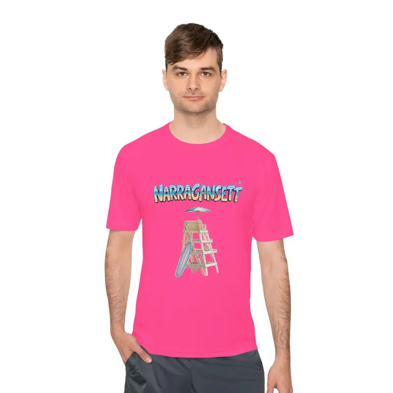 Pink Narragansett Beach Lifeguard Unisex Moisture Wicking T Shirt displayed prominently