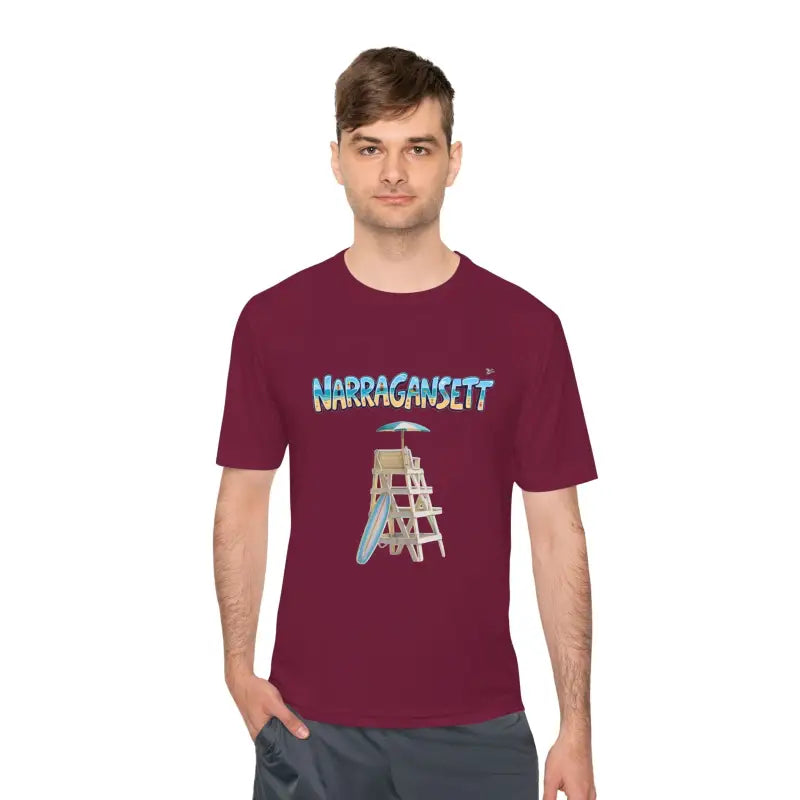 Burgundy Narragansett Beach Lifeguard Unisex Moisture Wicking T Shirt displayed