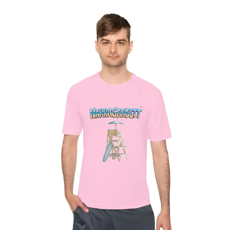 Pink t-shirt featuring lifeguard chair graphic from Narragansett Beach collection