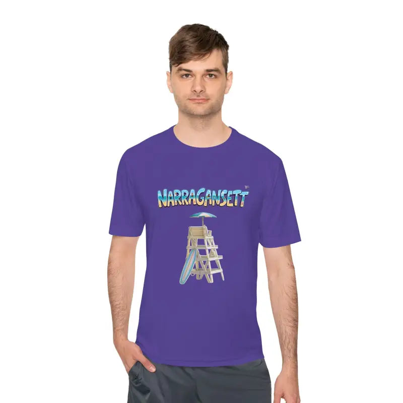 Purple t-shirt featuring lifeguard tower graphic for Narragansett Beach