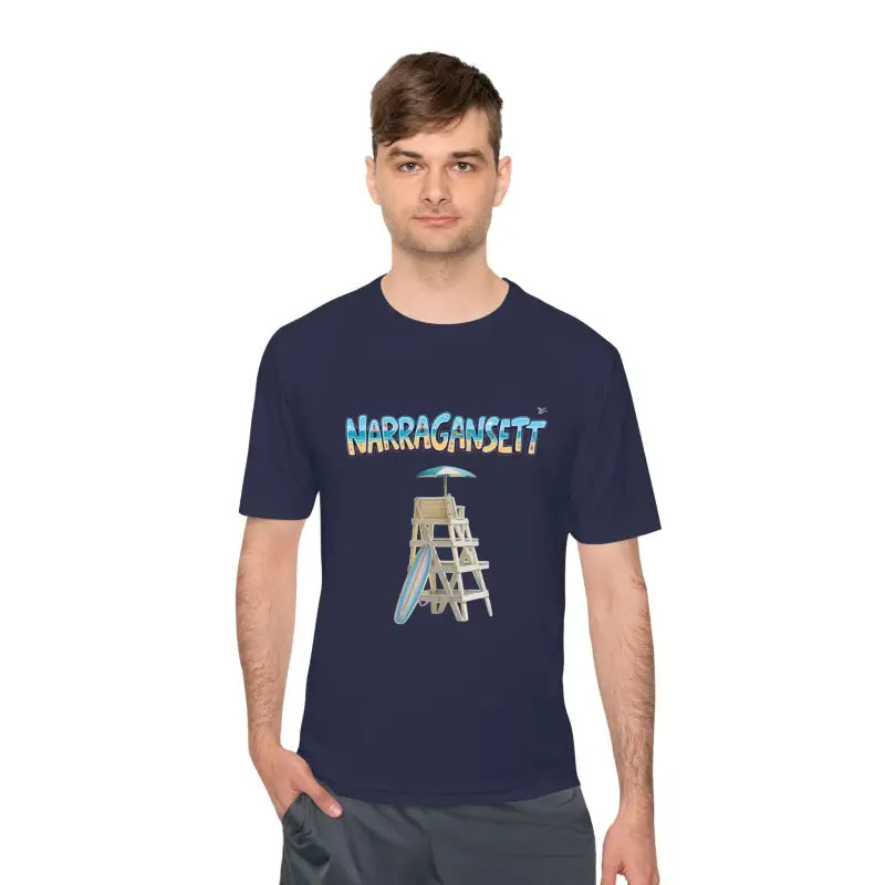 Navy blue Narragansett Beach Lifeguard unisex moisture-wicking t-shirt displayed