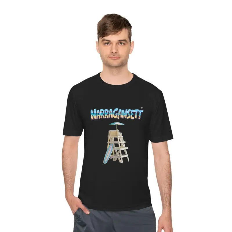 Black unisex moisture-wicking t-shirt featuring a lifeguard chair graphic for Narragansett Beach