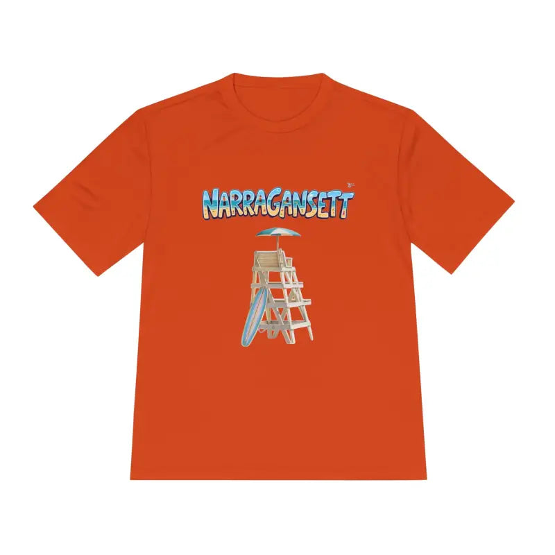 Orange unisex moisture-wicking t-shirt featuring a lifeguard tower graphic