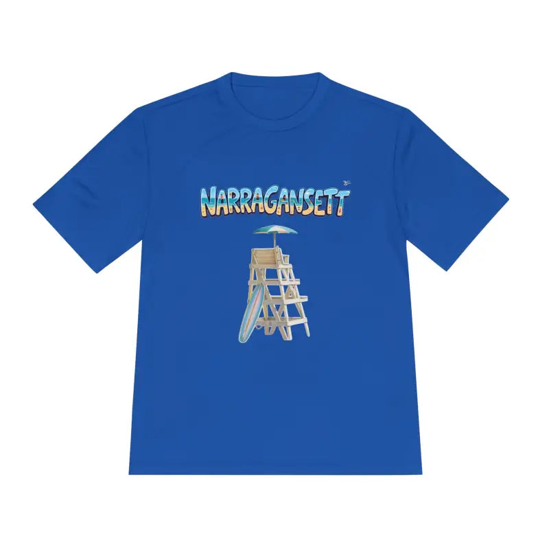 Blue Narragansett Beach Lifeguard T-shirt featuring a beach-themed graphic design