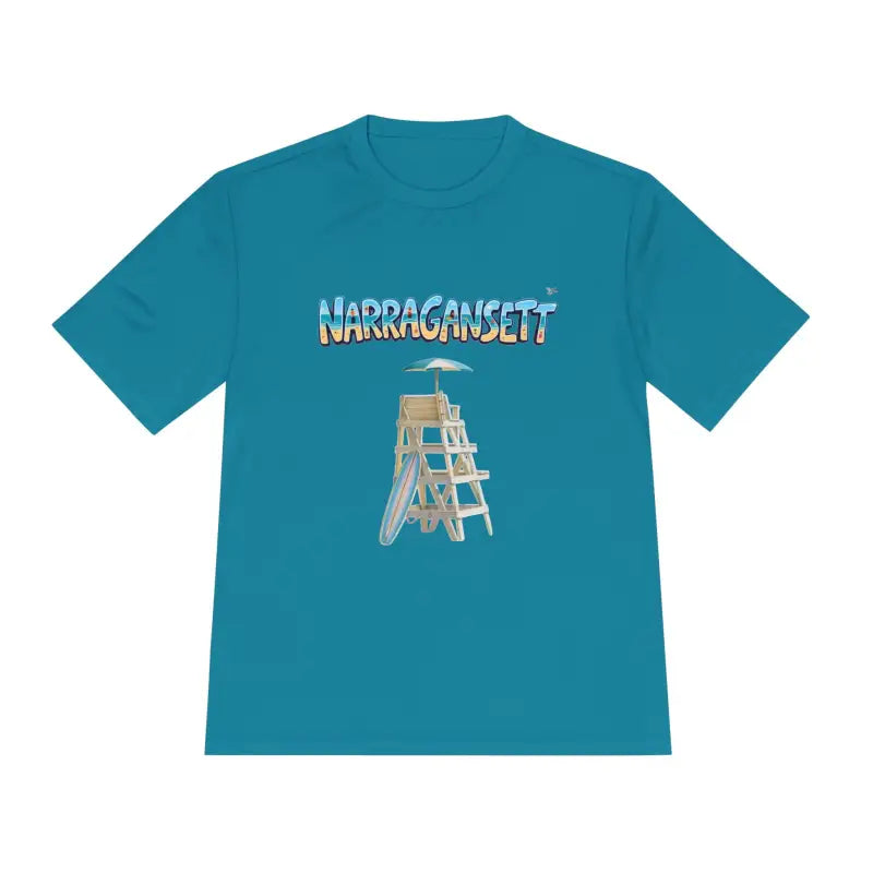 Teal Narragansett Beach Lifeguard Unisex Moisture Wicking T Shirt displayed