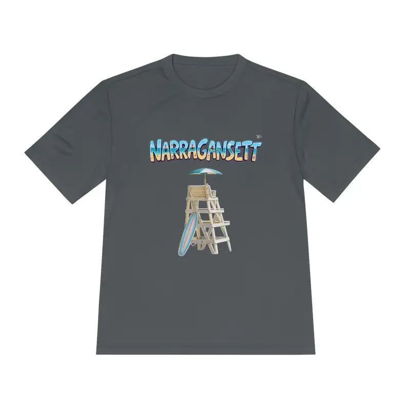 Gray t-shirt featuring a beach scene from Narragansett Beach Lifeguard design