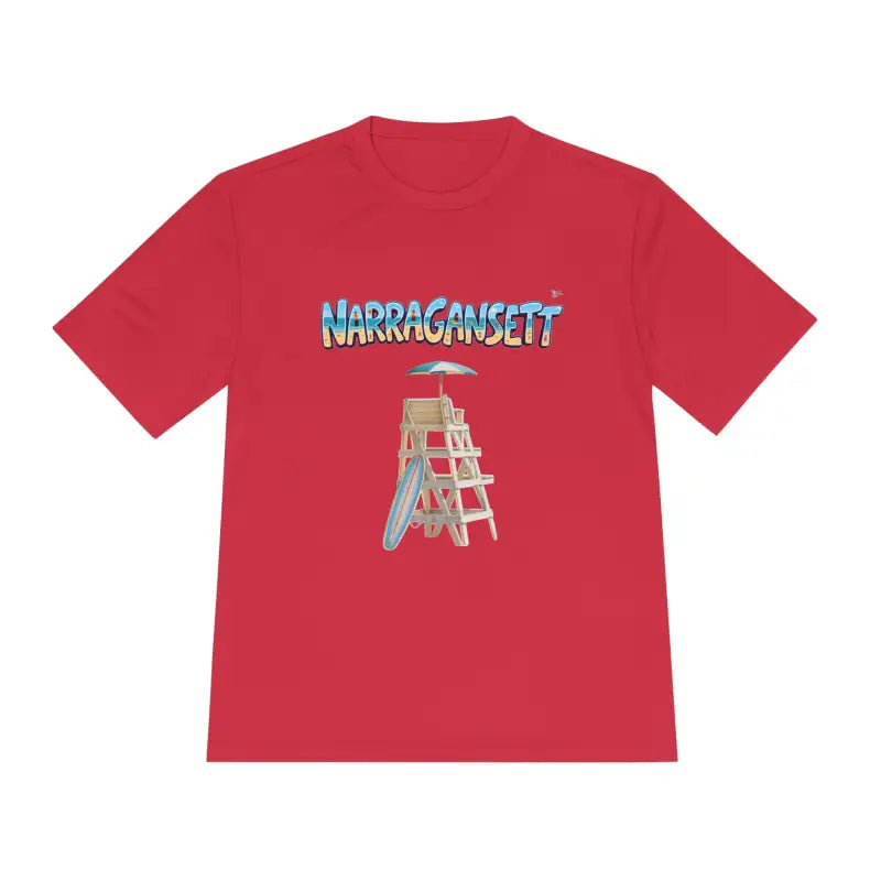 Red t-shirt featuring a beach scene from Narragansett Beach Lifeguard collection