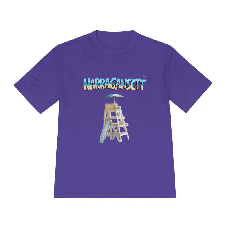 Purple Narragansett Beach Lifeguard Unisex Moisture Wicking T-Shirt with tower graphic