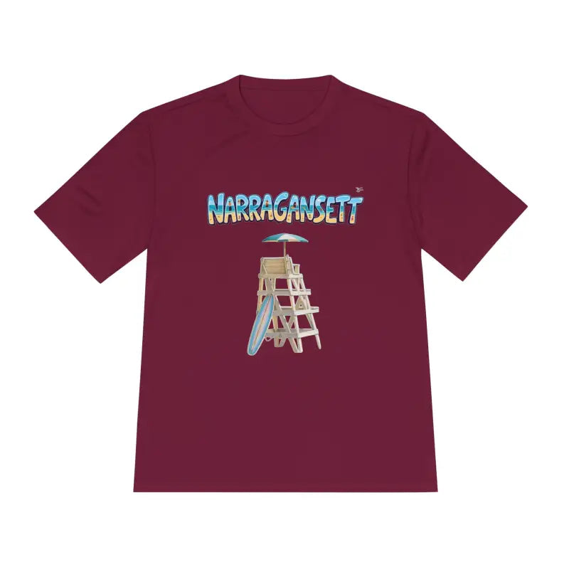 Maroon Narragansett Beach Lifeguard Unisex Moisture Wicking T Shirt front view