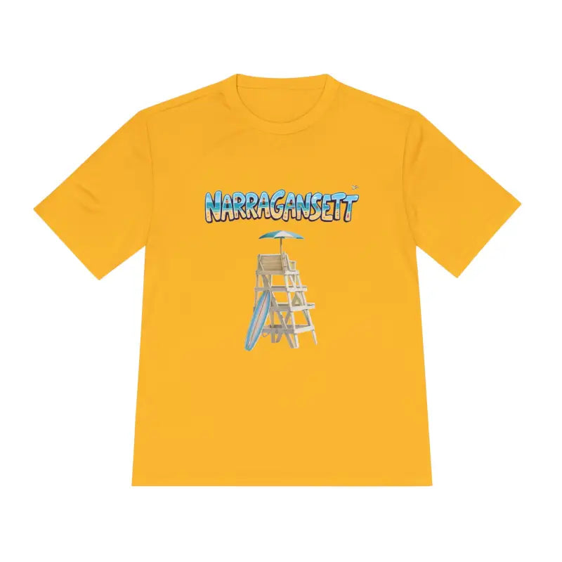 Yellow t-shirt featuring a beach-themed graphic for Narragansett Beach lifeguards