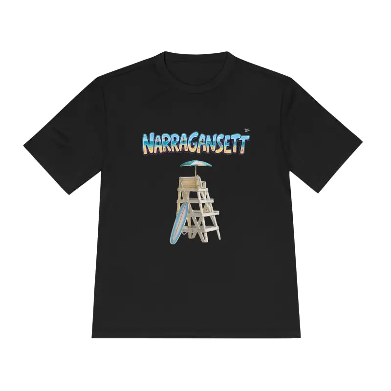 Black t-shirt featuring a beach-themed graphic from Narragansett Beach Lifeguard collection
