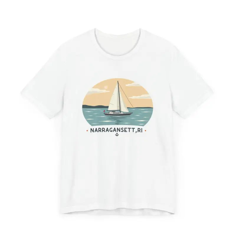 White unisex short sleeve t-shirt featuring a sailboat graphic for Narragansett Sailing Tee