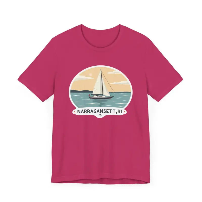 Magenta Narragansett Sailing Tee featuring a sailboat graphic on a unisex short sleeve shirt