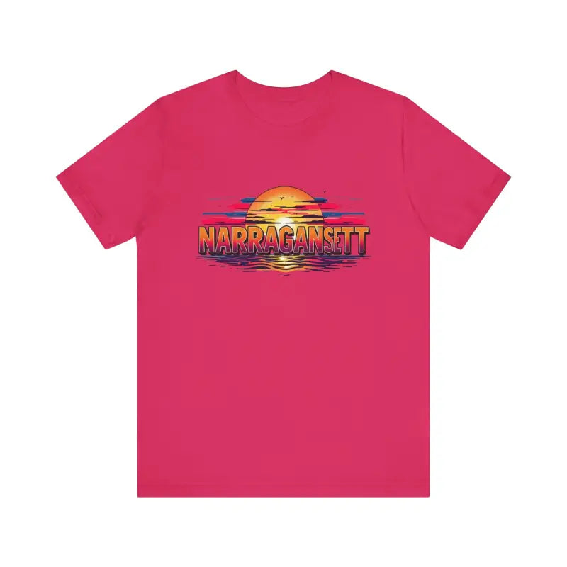Pink t-shirt featuring sunset graphic from Narragansett Sunset Unisex Jersey Tee