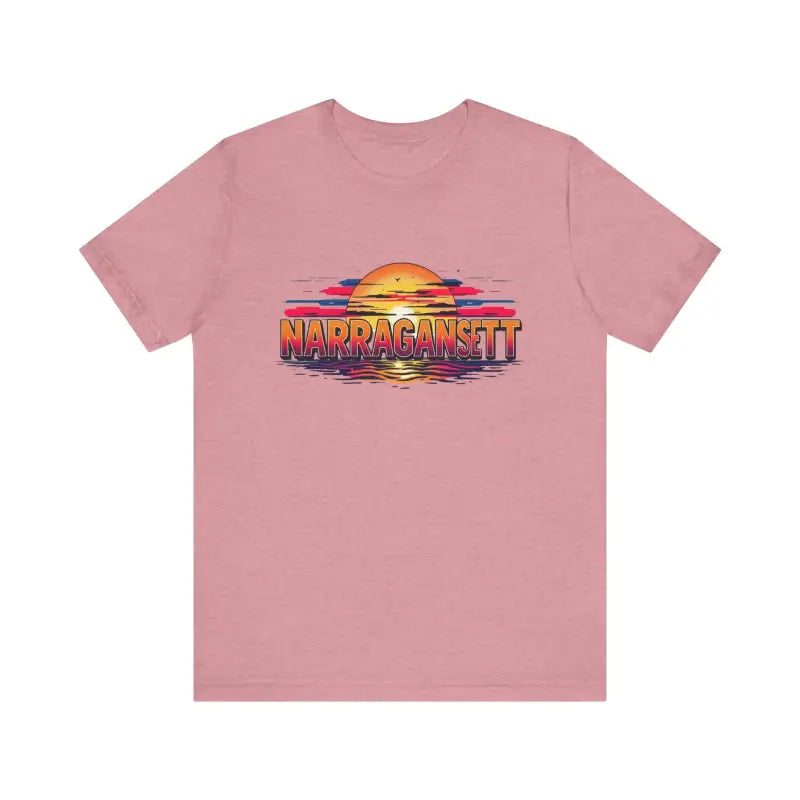 Pink t-shirt featuring a sunset graphic from the Narragansett Sunset Unisex Jersey Tee